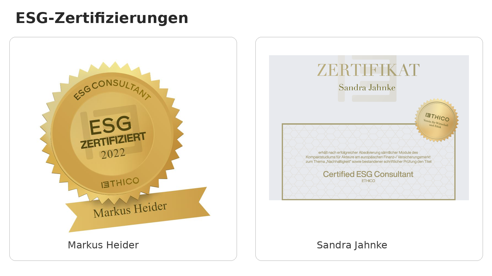 ESG Zertifizierungen Markus Heider und Sandra Jahnke